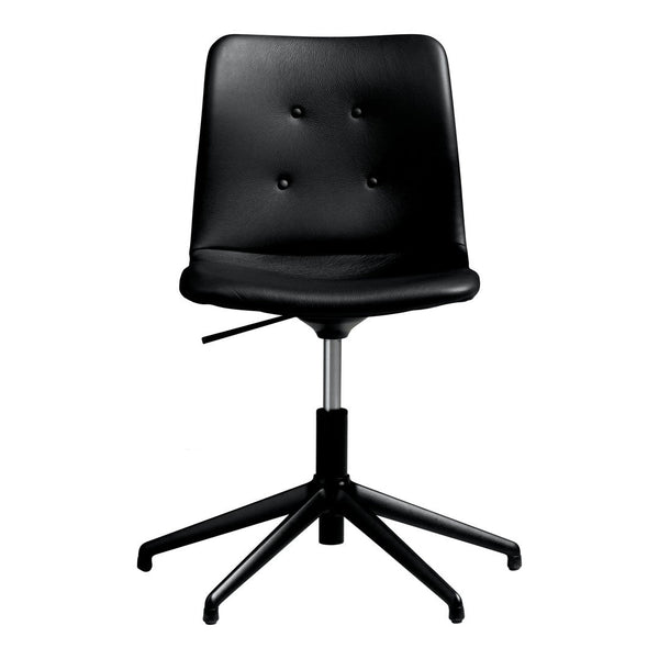 Black faux leather office chair with a smooth finish and subtle button tufting on the backrest. Modern and stylish design.
