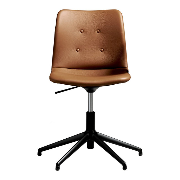 Brown upholstered chair with a smooth finish and button detailing, supported by a sleek black base.