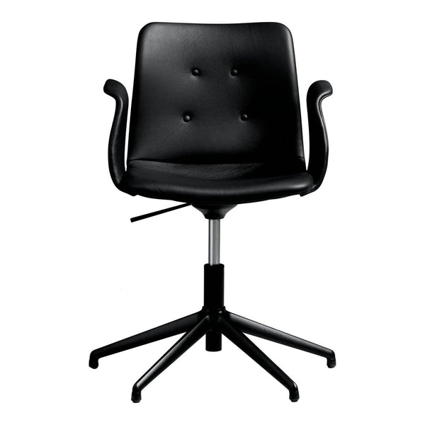 Black ergonomic chair with a smooth finish and button-tufted detailing, featuring a sleek, modern design.