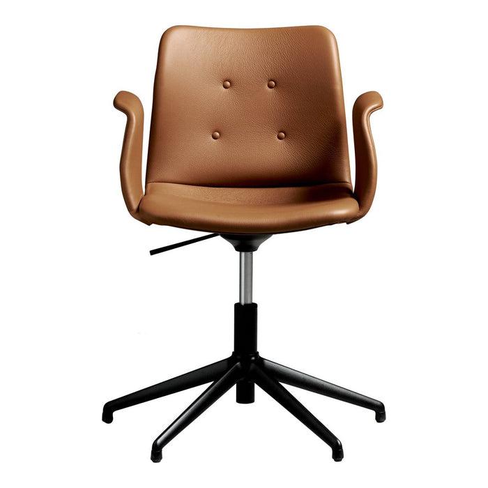 Brown upholstered chair with a smooth finish and button detailing, featuring a black metal base.