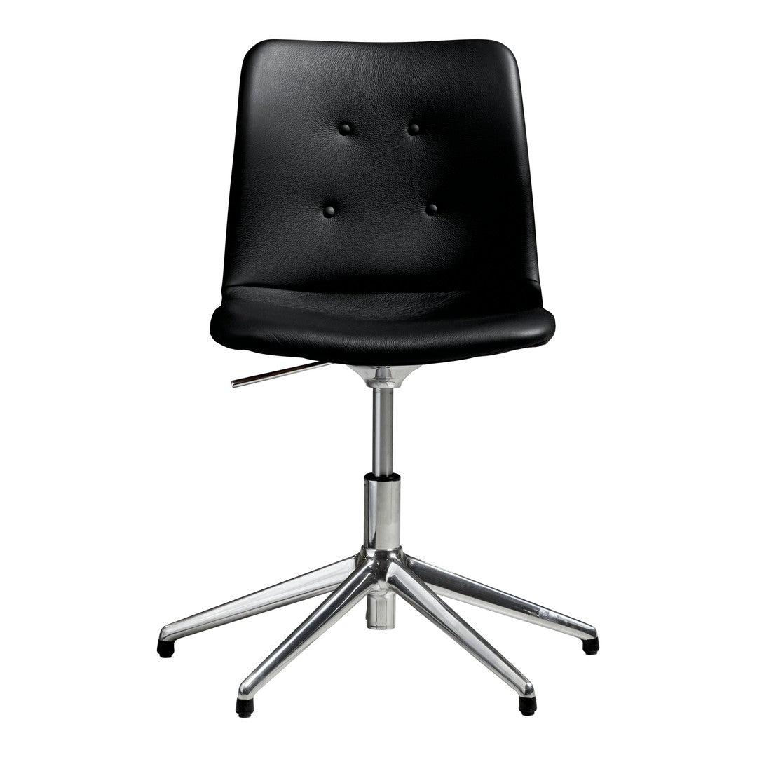 Black upholstered swivel chair with subtle button tufting and a sleek chrome base. Perfect for modern decor.