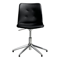 Black upholstered swivel chair with subtle button tufting and a sleek chrome base. Perfect for modern decor.