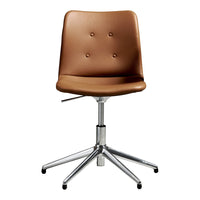 Brown faux leather swivel chair with a sleek design and subtle button detailing. Chrome base adds a modern touch.