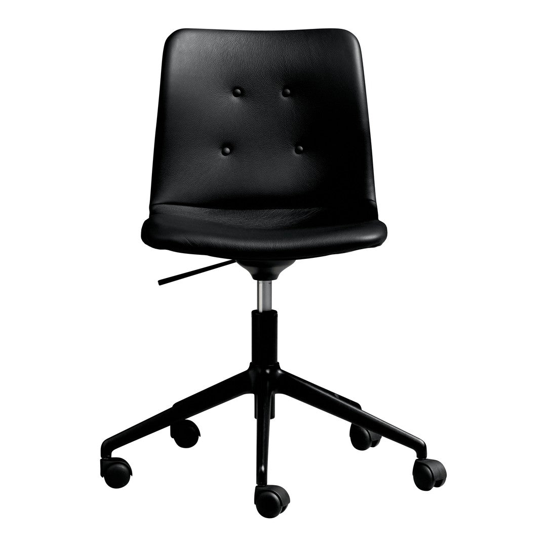Black swivel chair with a smooth, matte finish and subtle button details on a sleek, minimalist design.