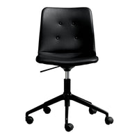 Black swivel chair with a smooth, matte finish and subtle button details on a sleek, minimalist design.