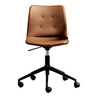 Brown faux leather office chair with subtle tufted detailing and a black wheeled base, perfect for stylish workspaces.