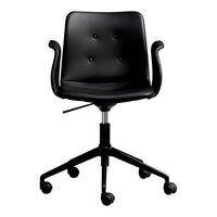 Black ergonomic office chair with a sleek design, featuring a smooth faux leather finish and button-tufted accent.