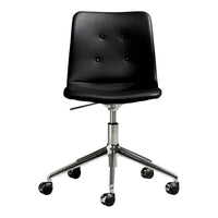 Black upholstered office chair with a smooth finish and button details, featuring a chrome base and rolling casters.