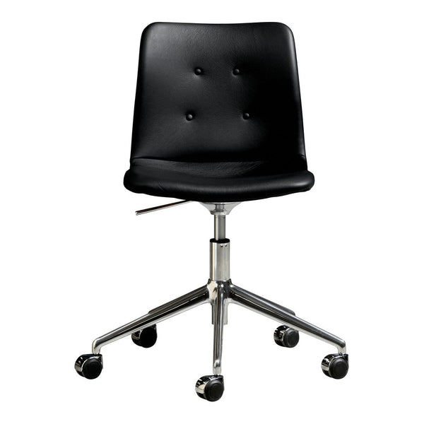 Black upholstered office chair with a smooth finish and button details, featuring a chrome base and rolling casters.