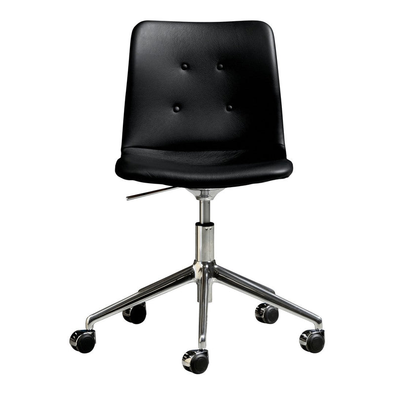 Black upholstered office chair with a smooth finish and button details, featuring a chrome base and rolling casters.