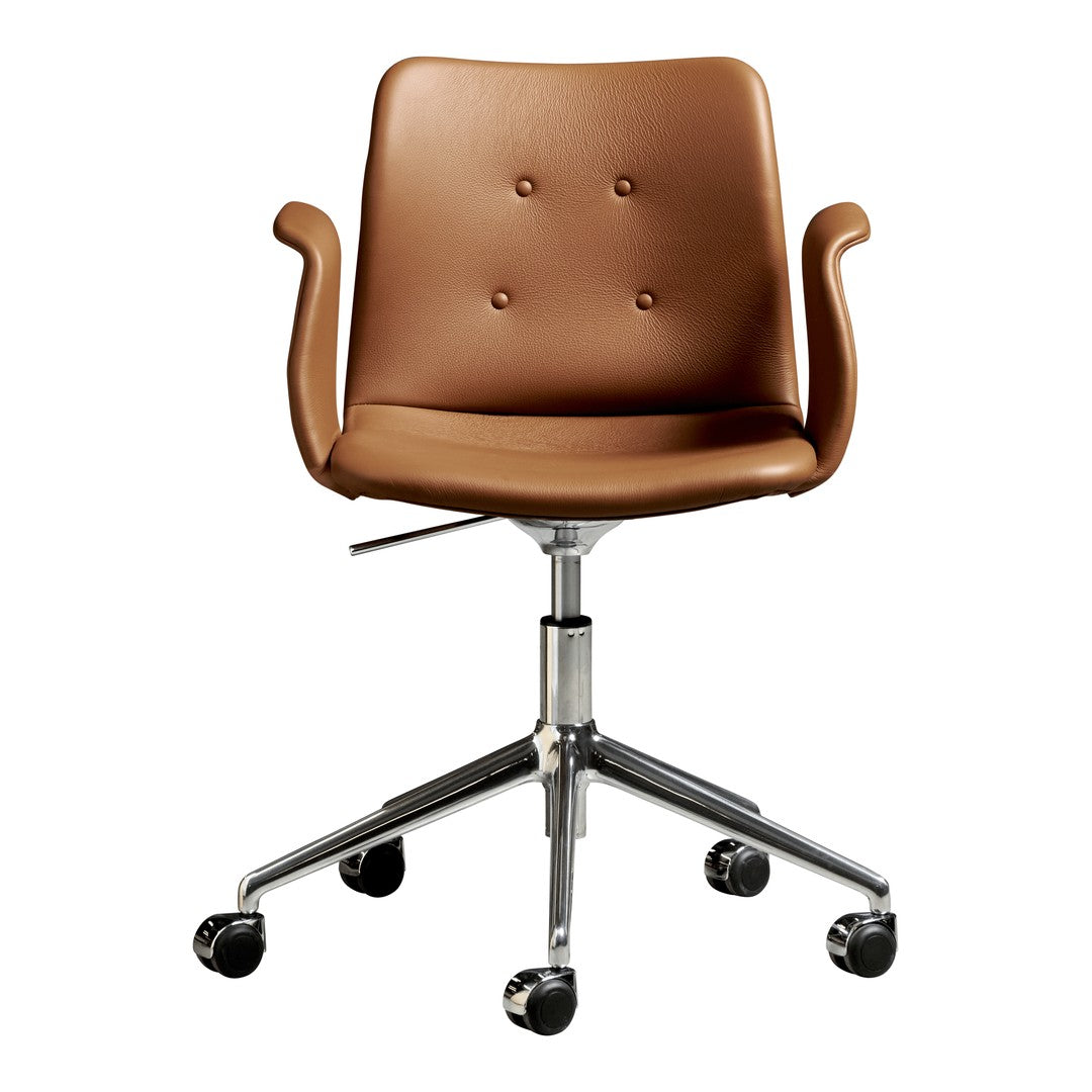 Brown faux leather office chair with button-tufted design and chrome base, featuring a sleek and modern look.