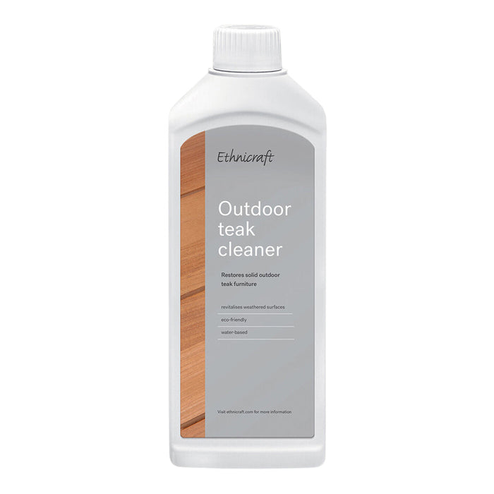 White bottle with gray label showcasing wood grain pattern, labeled "Outdoor Teak Cleaner."