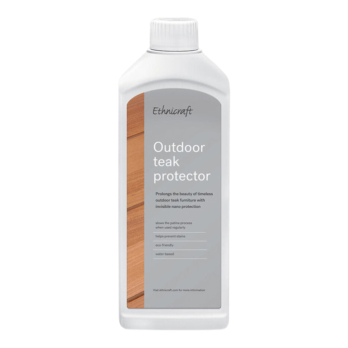 White bottle with gray label and wooden texture; features a minimalist design for outdoor teak protector.