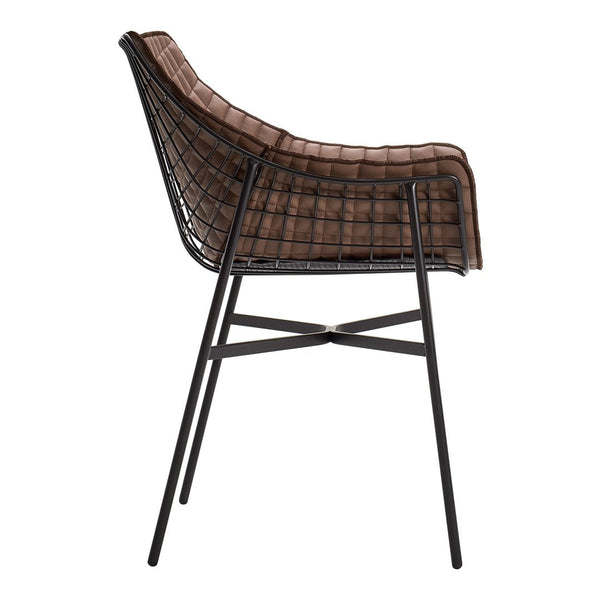Brown quilted seat with a stylish metal wire frame, featuring a modern geometric pattern on a black base.