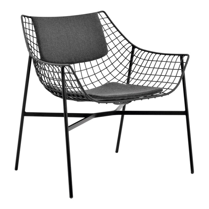 Modern wire lounge chair in black with a sleek gray fabric seat and minimalist geometric design. Perfect for contemporary decor.