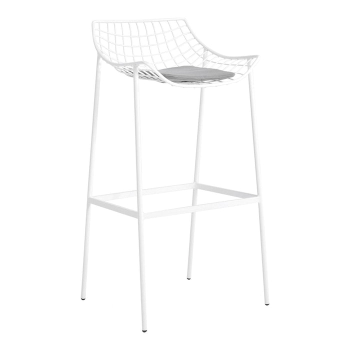 White metal bar stool with a grid-patterned seat and light gray cushion. Sleek and modern design for any space.