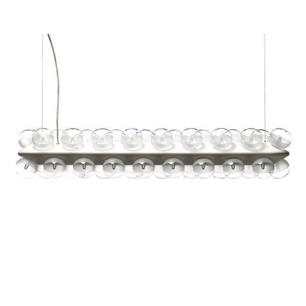 Sleek white pendant light with clear glass globe accents, showcasing a modern and minimalist design.
