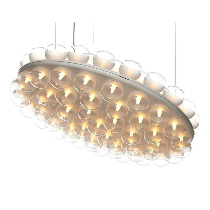 "Modern oval pendant light with a pattern of clear glass bulbs and warm white illumination."