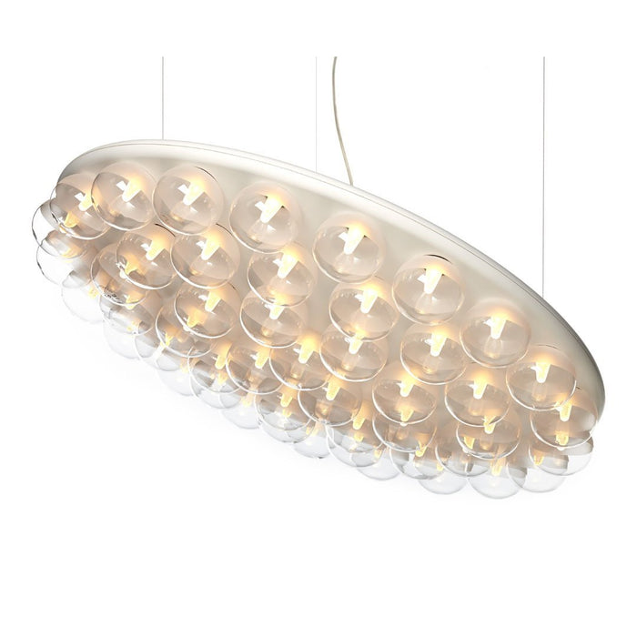 Oval pendant light with white base and transparent glass spheres, featuring a modern, minimalistic design.