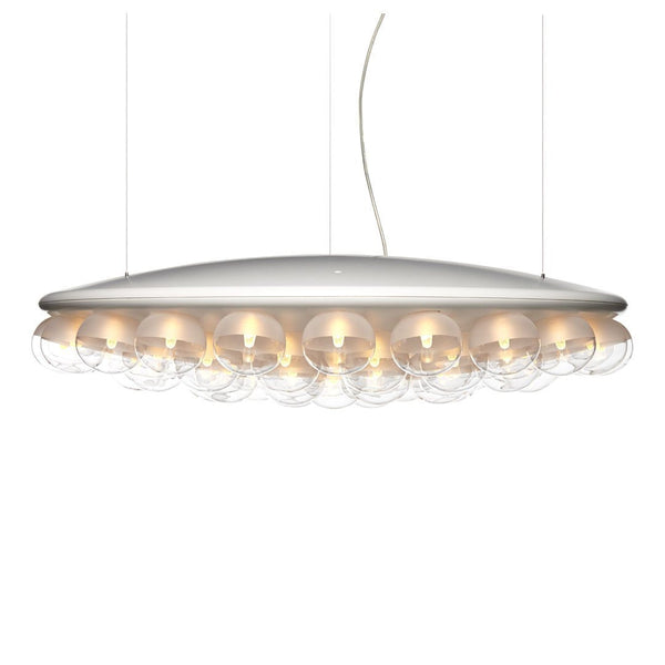 Modern pendant light featuring a sleek white finish and multiple round glass bulbs for a stylish look.
