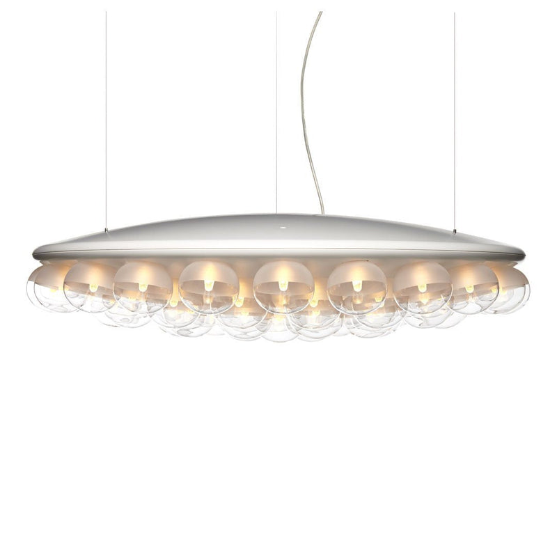 Modern pendant light featuring a sleek white finish and multiple round glass bulbs for a stylish look.