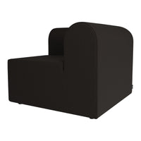 Stylish black upholstered armchair with a modern curved design and minimalistic pattern. Perfect for contemporary spaces.
