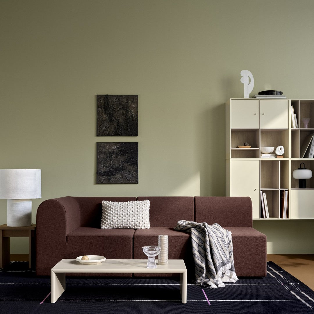 Brown sofa with geometric pillow, beige bookcase, green wall, and dark patterned rug for a modern living space.