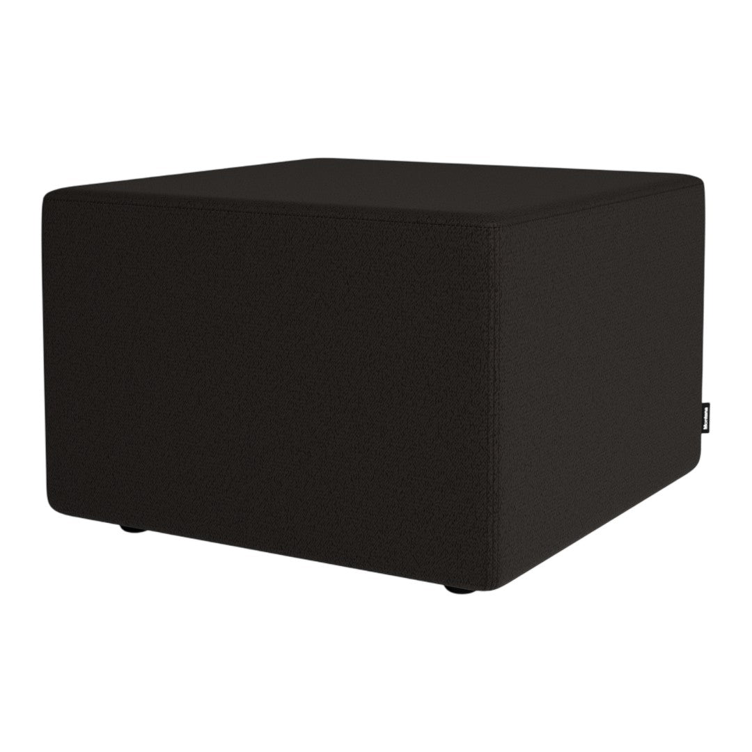 Black square ottoman with textured fabric, featuring a minimalist design for modern decor.