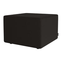 Black square ottoman with textured fabric, featuring a minimalist design for modern decor.