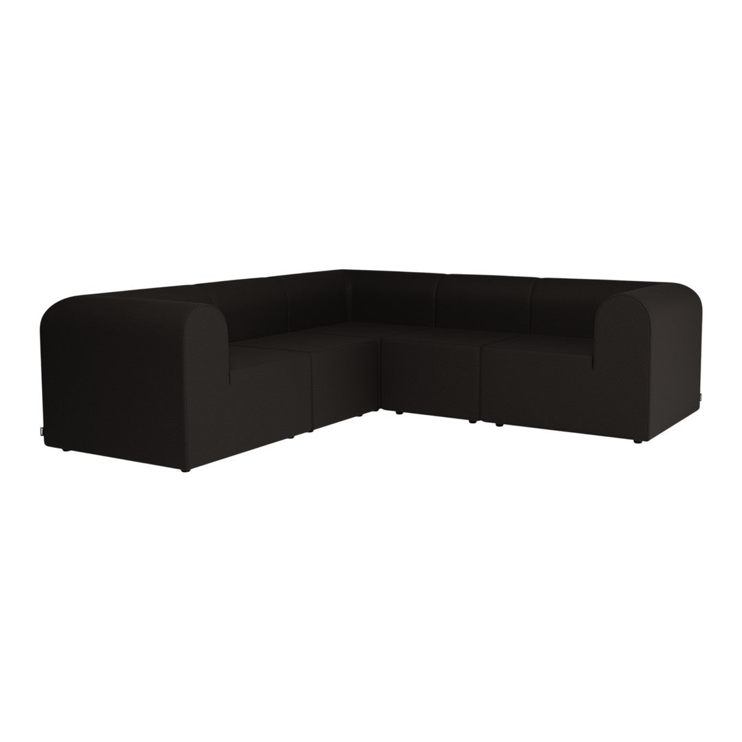 Black corner sofa with a sleek, minimalist design and smooth, solid fabric upholstery. Ideal for modern interiors.