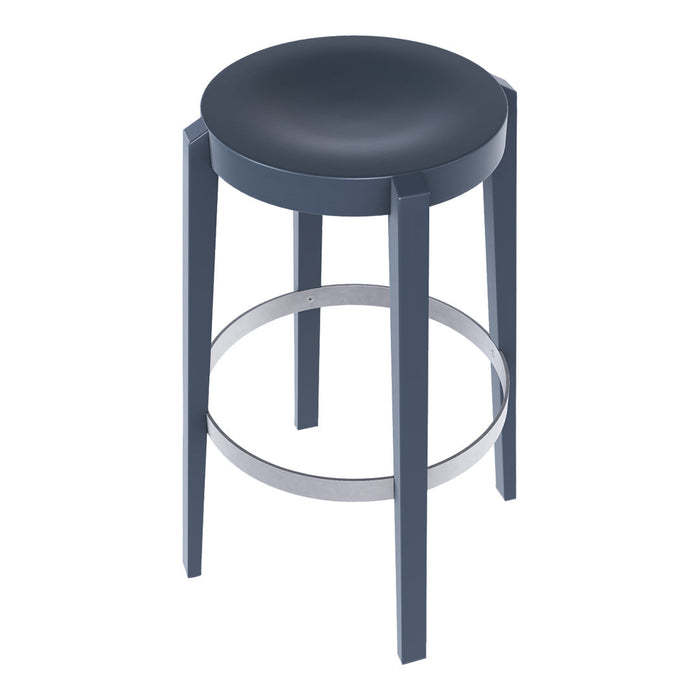 Modern blue bar stool with a sleek circular seat and minimalist design. Features stylish gray metal legs.