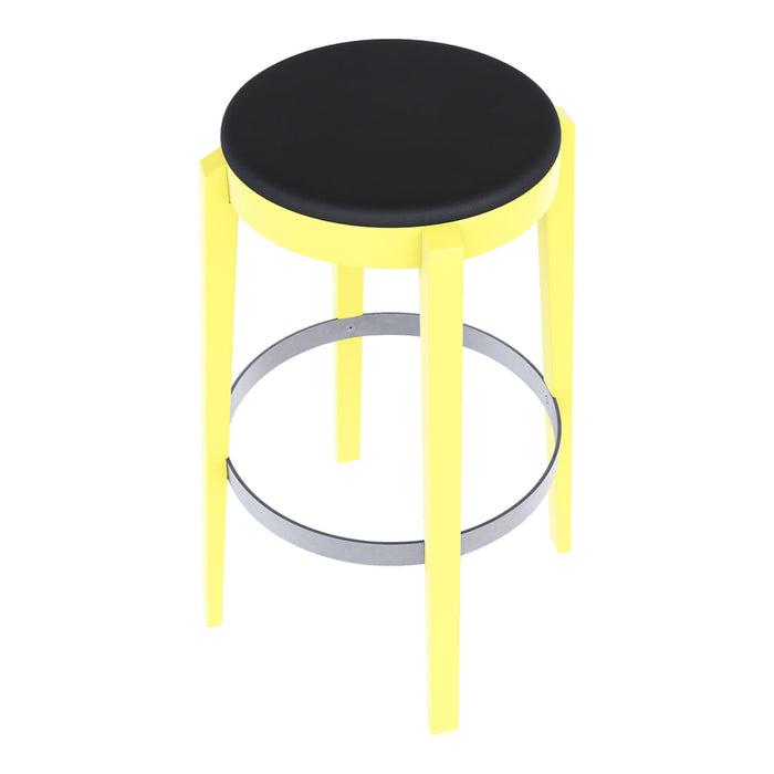 Black seat bar stool with bright yellow legs and chrome footrest, featuring a modern and vibrant design.
