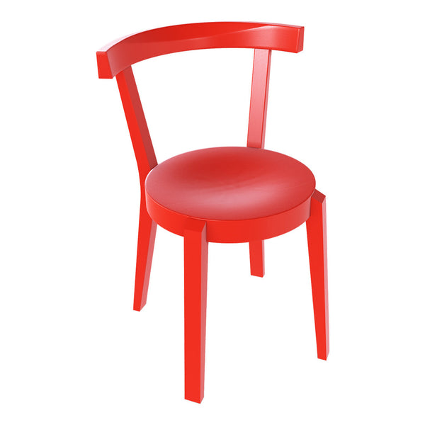 Bright red chair with a smooth finish and minimalist design, featuring a curved back and sturdy legs.