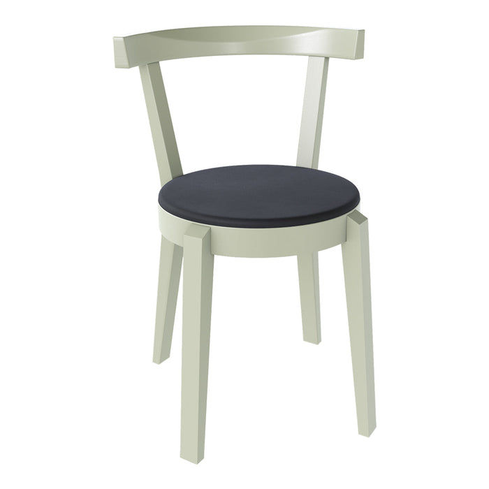 Light green wooden chair with a black padded seat. Simple and modern design, perfect for any decor style.