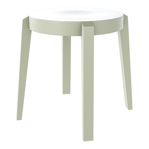 Light green stool with a smooth white top and minimalist design, featuring straight legs and no intricate patterns.