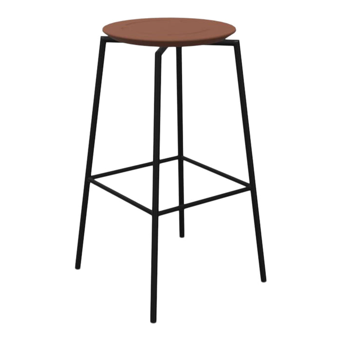 "Modern bar stool with a round brown wooden seat and black metal legs, featuring a minimalist design."