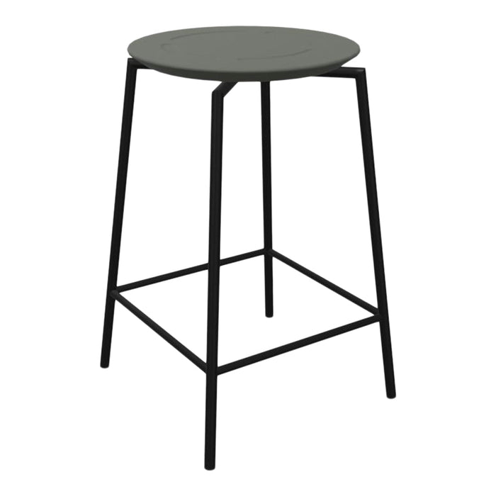 Stylish black metal bar stool with a round gray top and minimalist design, perfect for modern decor.