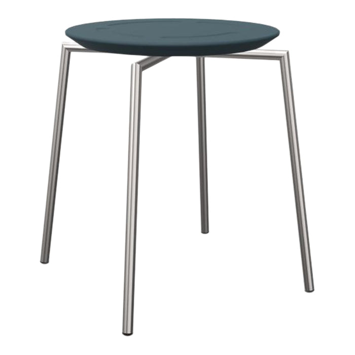 Round teal top with sleek stainless steel legs, minimalist design perfect for modern decor. Clean and stylish look.