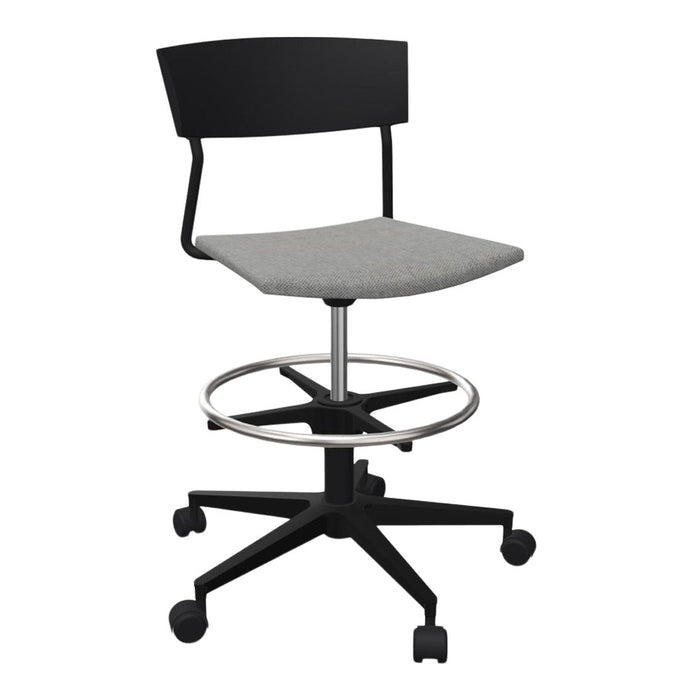 Stylish black modern stool with a sleek gray upholstered seat and stainless steel footrest.
