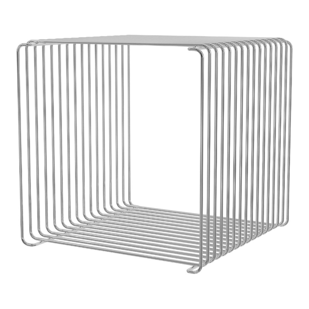 Silver wire cube-shaped storage basket with clean lines and minimalistic pattern, ideal for modern decor.