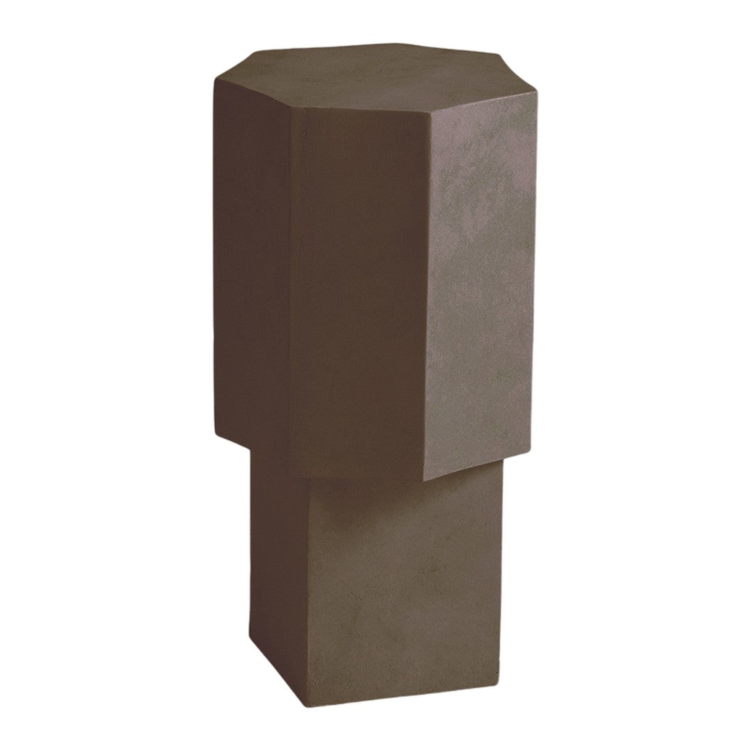 Geometric pedestal in a rich, deep brown finish with a smooth, matte texture. Perfect for modern decor.