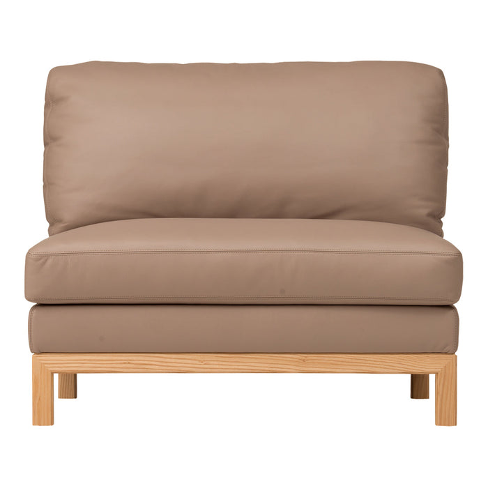 Beige upholstered chair with a smooth surface and light wood legs, showcasing a modern, minimalist design.