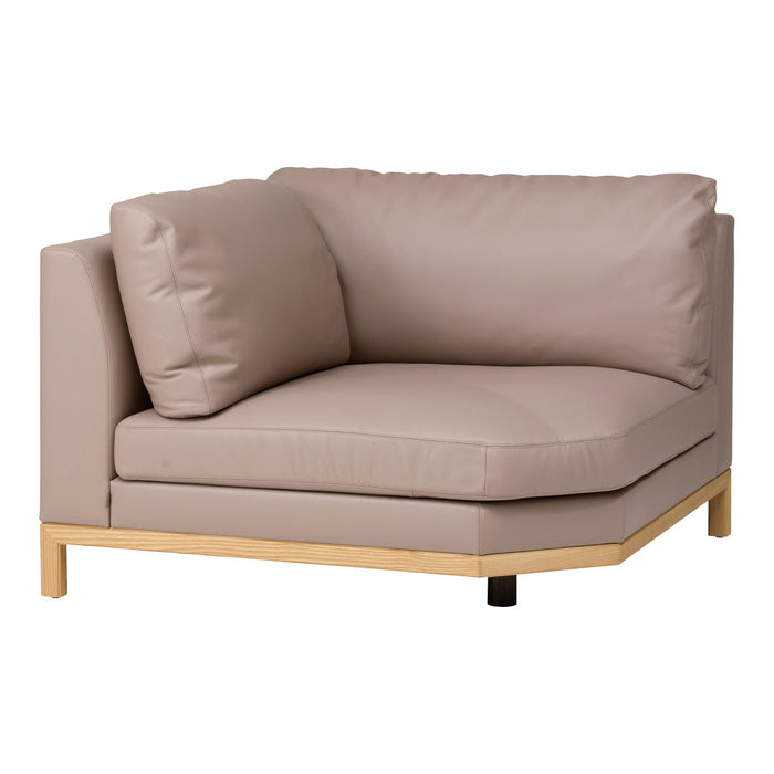 Beige corner sofa with a sleek design, featuring smooth fabric and a minimalist wooden base. Perfect for modern interiors.