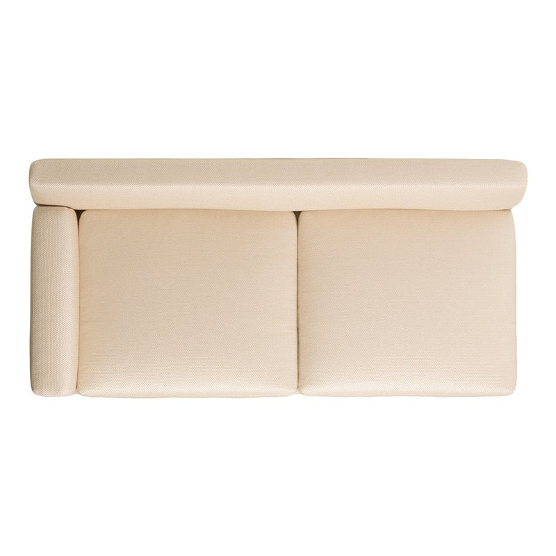 Beige sofa with a smooth, solid pattern and minimalist design, featuring plush cushions and a contemporary style.