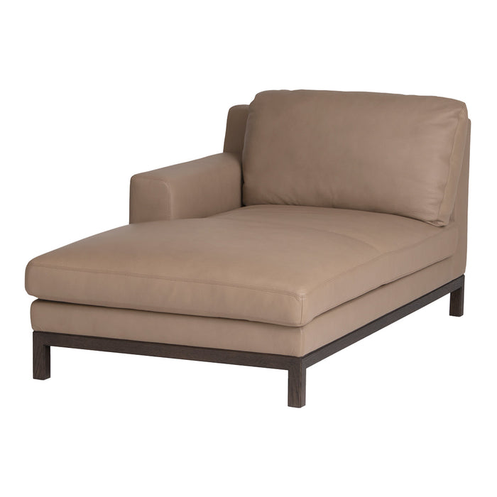 Tan leather chaise lounge with a sleek, minimalist design and a dark wood frame. Perfect for modern living spaces.