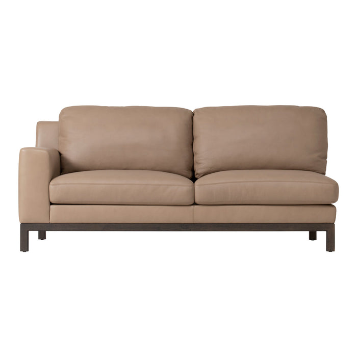 Tan leather sofa with smooth texture and minimalist design, featuring a sturdy dark metal frame.