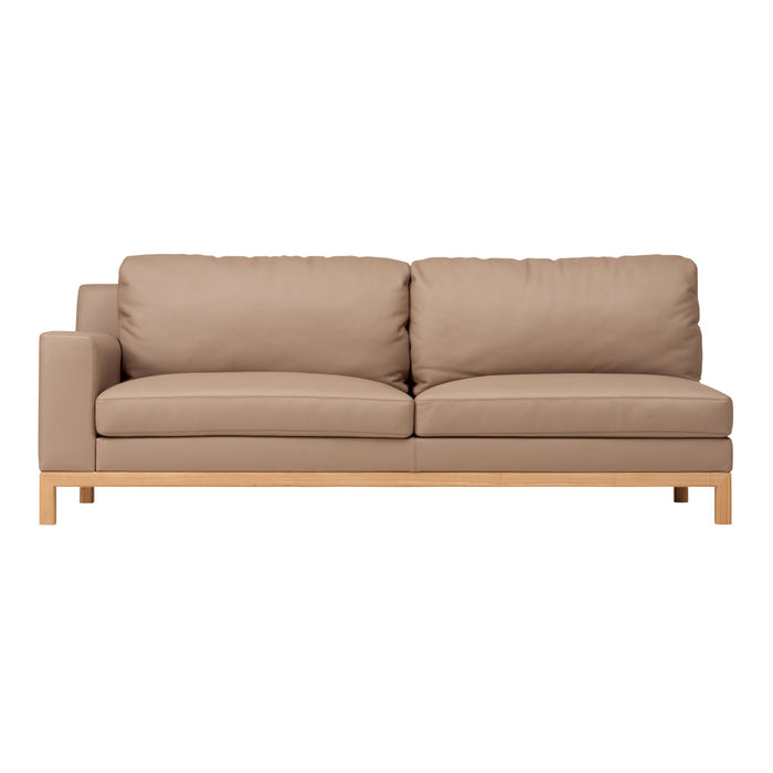 Tan leather sofa with a smooth texture and light wood base, ideal for modern living spaces.