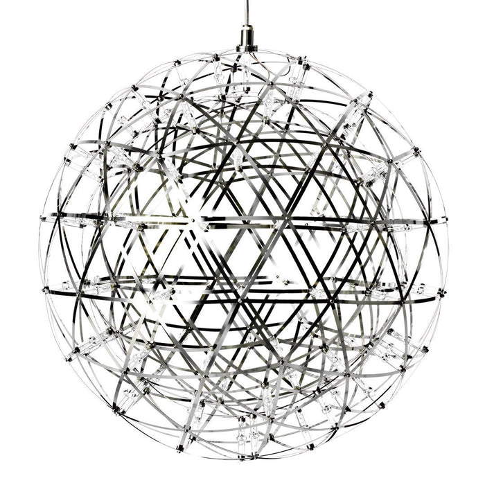 Spherical chandelier in chrome finish, featuring intricate geometric patterns and a modern design.