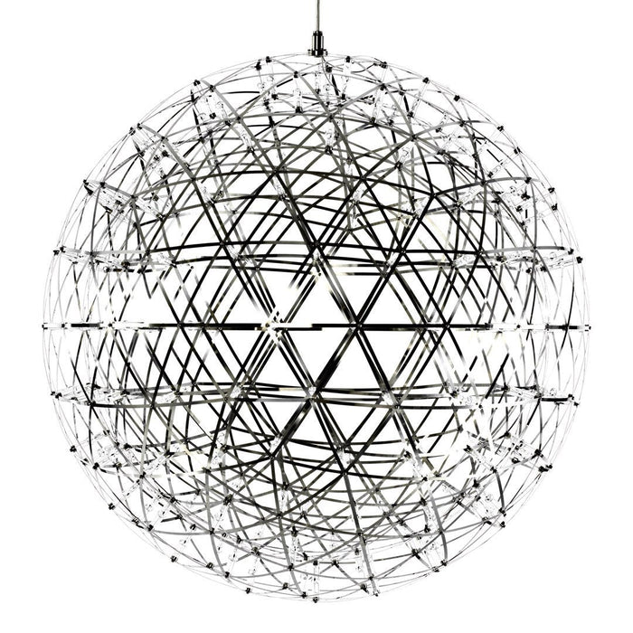 "Modern black and silver geometric pendant light, featuring a spherical design with intricate triangular patterns."