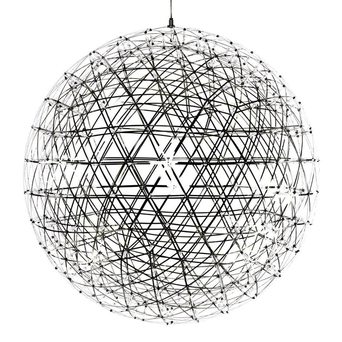 Black geometric pendant light with intersecting wire patterns, creating a modern, spherical design.